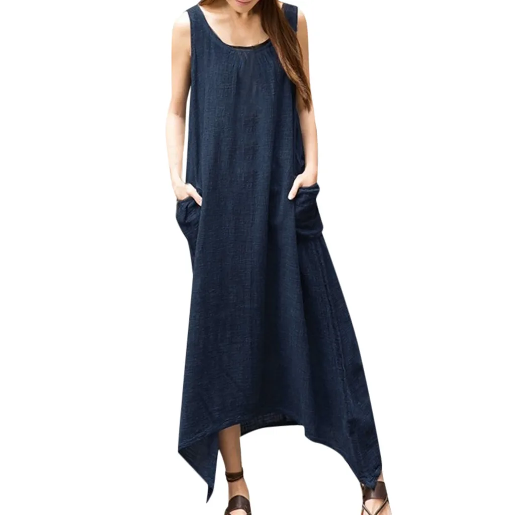 Женское винтажное платье без рукавов Boho длинное асимметричное макси из хлопка и