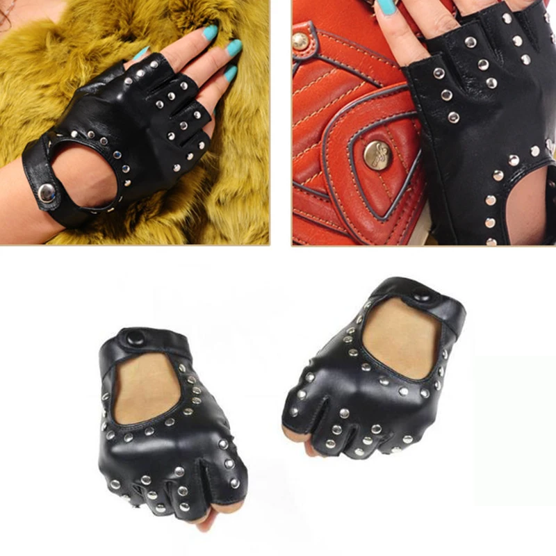 Перчатки Long Keeper из искусственной кожи с заклепками ремешком без пальцев|pu leather