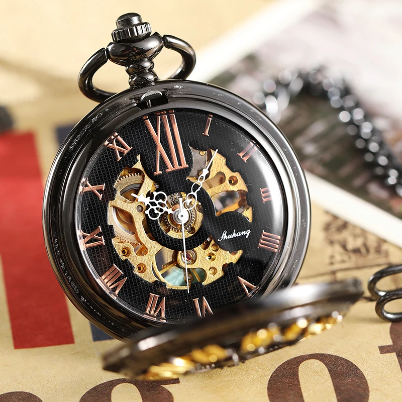 Unique Big Gold Number Hollow Design Mechanical Pocket Watch FOB Chain Black Steel Skeleton Steampunk Pocket Watches Male Clock