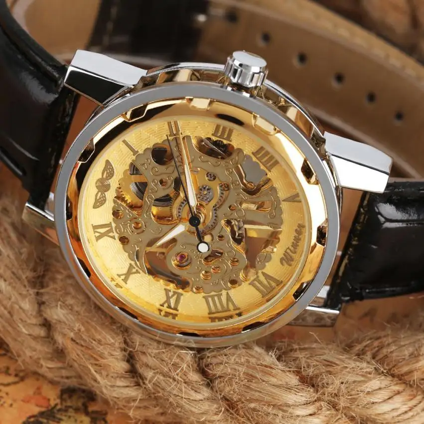 Скелет механические часы Для мужчин кожа циферблат Автоматическая Бизнес