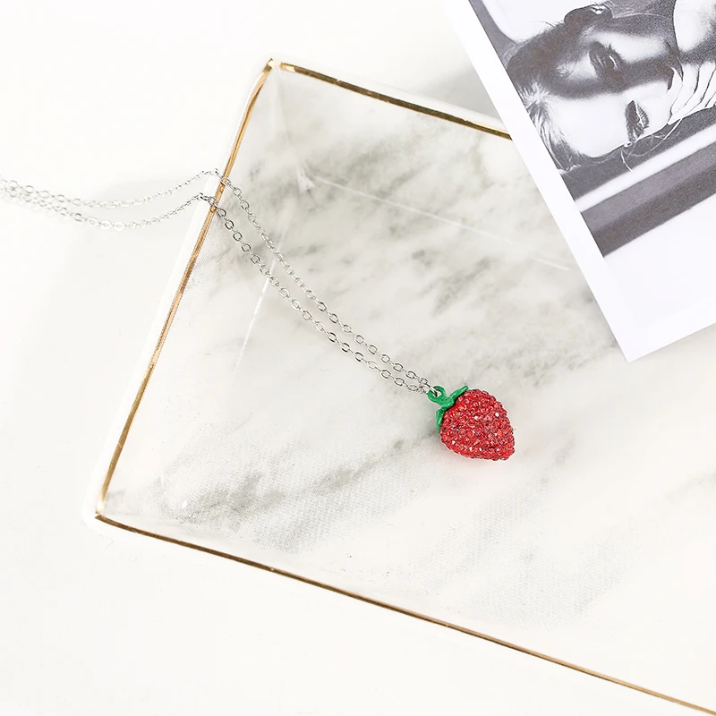 Милое красное ожерелье Стразы в виде клубники для женщин корейский стиль