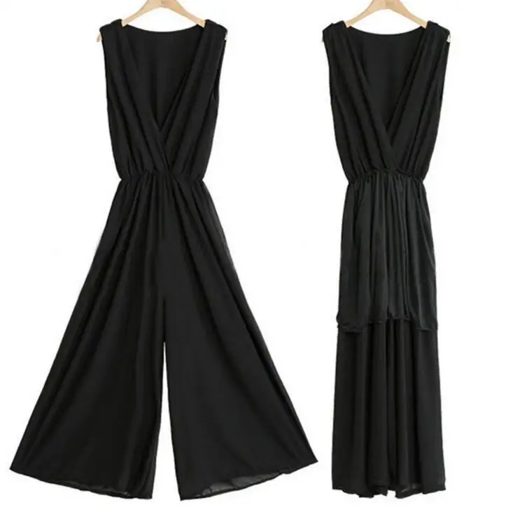 Женщины Шифон Комбинезон 2017 Лето Рукавов Глубокий V Шеи Широкую Ногу Брюки Общая