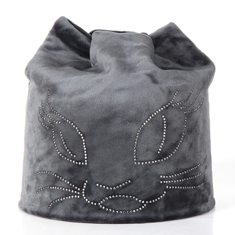 Зимняя фланелевая шляпа дамские шапочки с Стразы Кот улыбка 2019 Осень Мягкая
