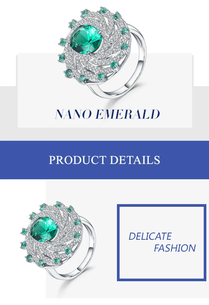Gem's Ballet Russian Nano Emerald Vintage Cocktail Ring 925 Sterling Silver Engagement Wedding Rings For Women Fine Jewelry