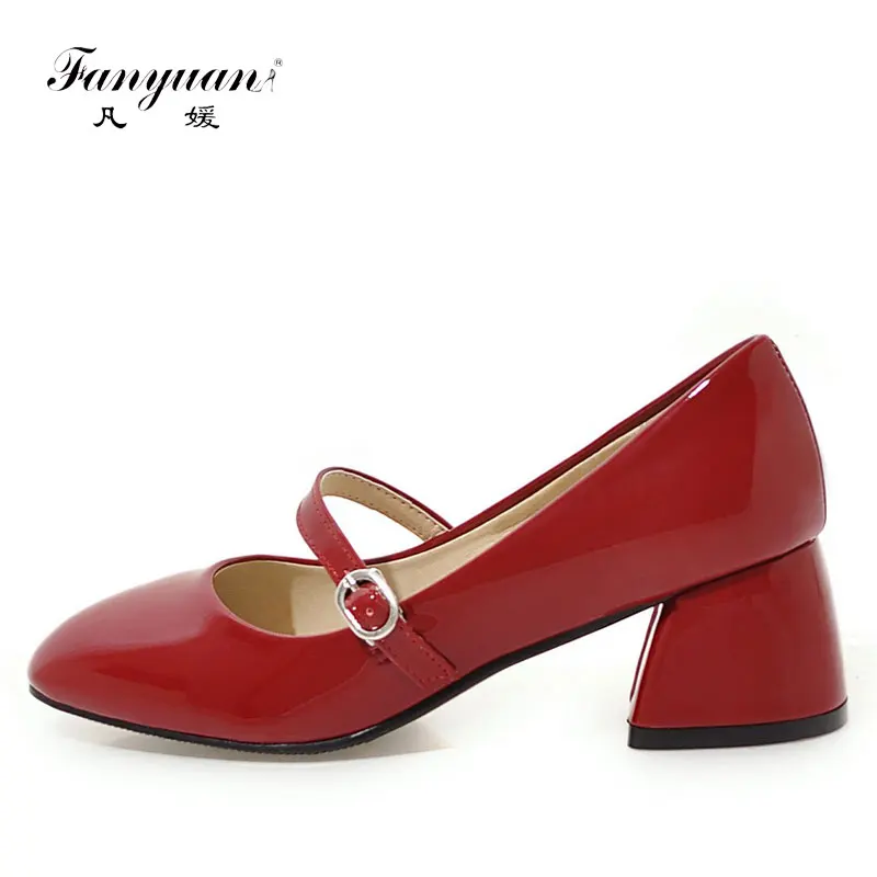 

Fanyuan Vintage Ladies Shoes Women Pumps Square Toe Thick Med Heels Spring Red Black Mary Jane Pumps Woman Shoes Big Size