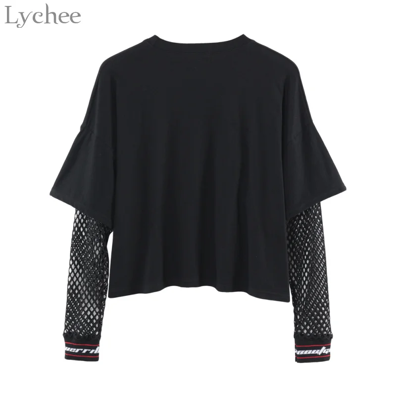 Lychee Harajuku панк Женская футболка сетка выдалбливают лоскутное письмо Леопардовый принт Повседневная футболка с длинным рукавом Футболка Топ