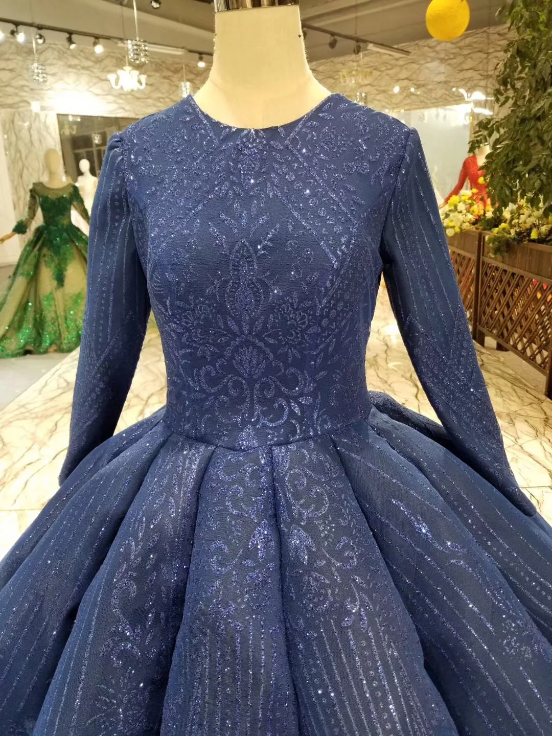 Custom Made Sexy Glitter Navy Prom Dresses Elegant Ball Gown Lace Up Back Long Sleeve Muslim Waves Prom Dress For Evening Party