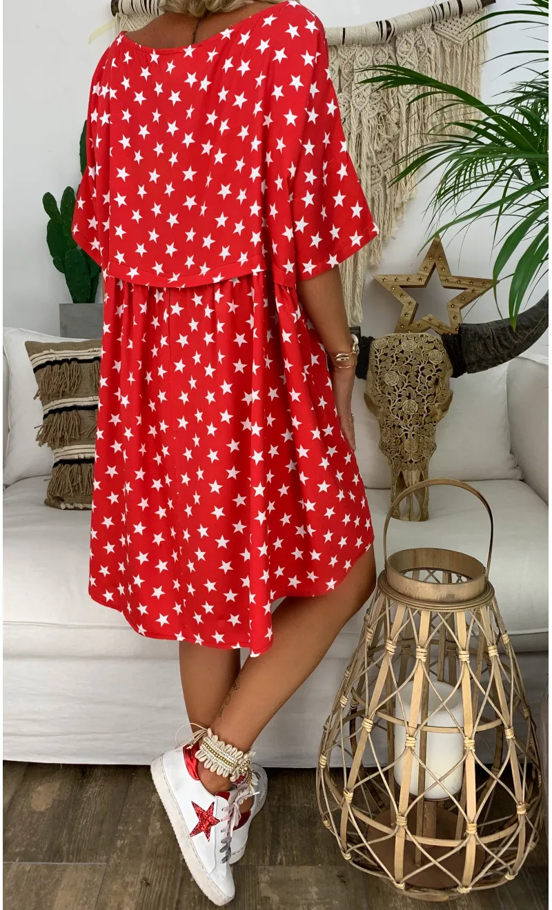 Свободное платье с коротким рукавом 2019 летнее пляжное круглым вырезом Boho женское