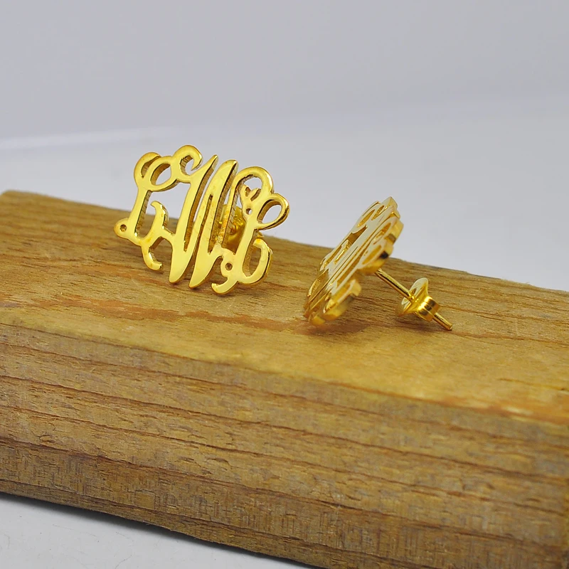 

Gold Monogram Name Stud Earrings Sterling Silver Personalized Initial Earring Custom Nameplate Jewelry Christmas Gift