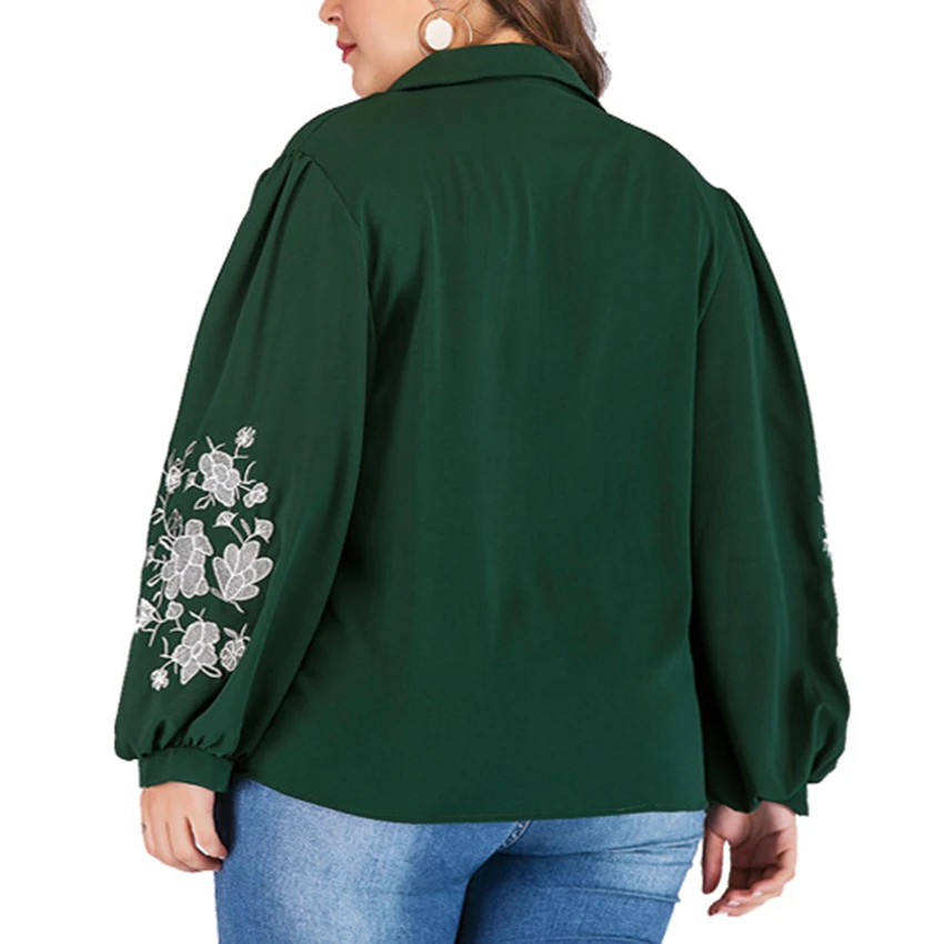 

Plus Size Women Shirt Green Embroidery Blouse 2019 Spring Long Sleeve Blouse Office Shirt 4XL Big Size Ladies Tops Clothes Shirt