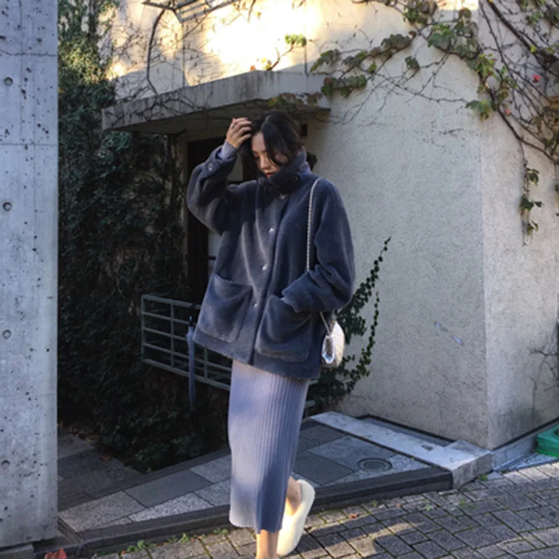 Зимнее теплое пальто для женщин с воротником стойкой и пуговицами свободное