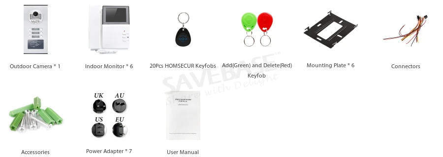 HOMSECUR 4," ЖК-видео домофон комплект с камерой ночного видения для 6 семей