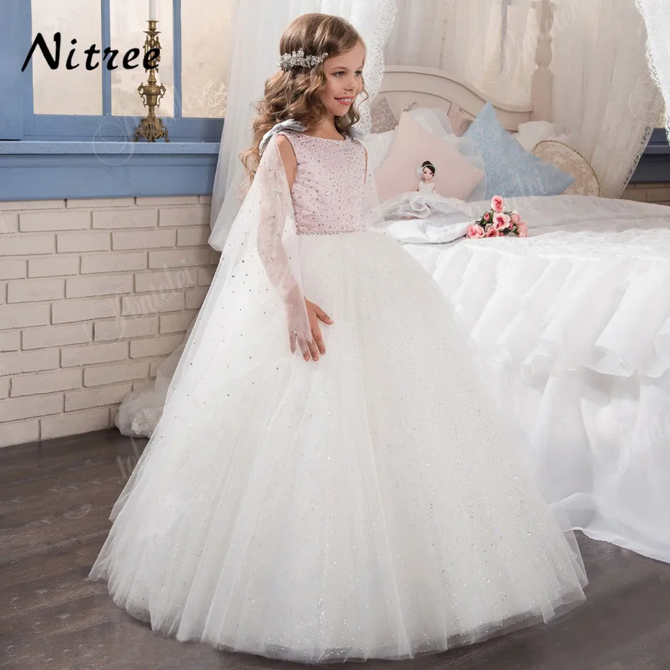 

New 2017 Pink Flower Girl Dresses with Crystal Baby Pageant Dresses Cape Ball Gown Birthday First Communion Dresses For Girls