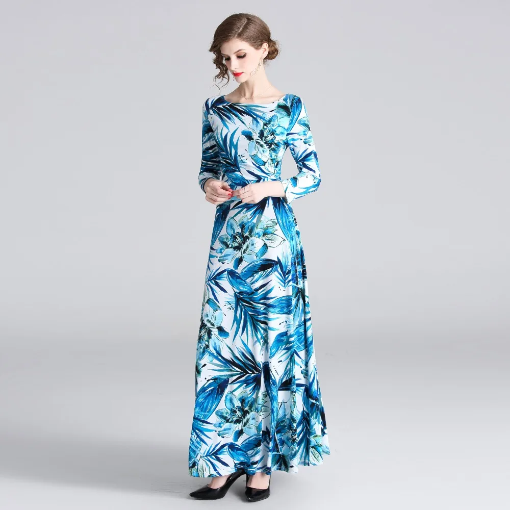 S-XXL spring summer woman dress white background blue leaf flower pattern print 3/4 sleeve ankle length fashion maxi | Женская одежда