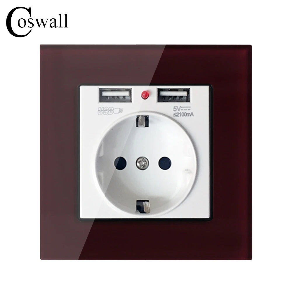 Coswall Хрустальная стеклянная панель с двойным usb портом для зарядки 2.1A настенное
