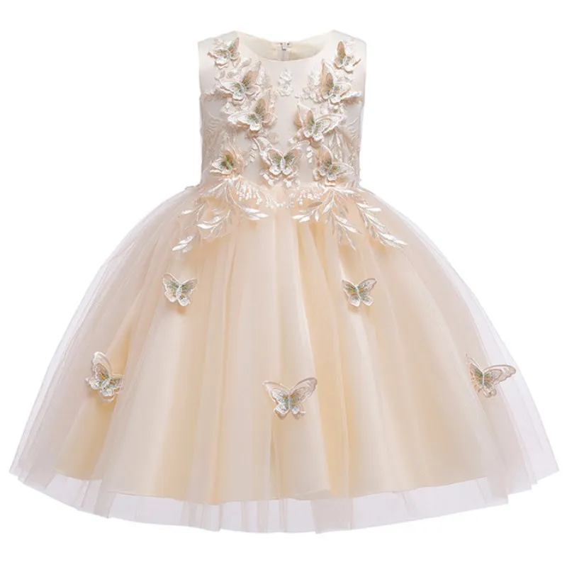 Applique Butterfly Sleeveless Girls Dresses Elegant Birthday Kids Dresses For Girls Clothes Formal Children Wedding Dress - Цвет: Champagne