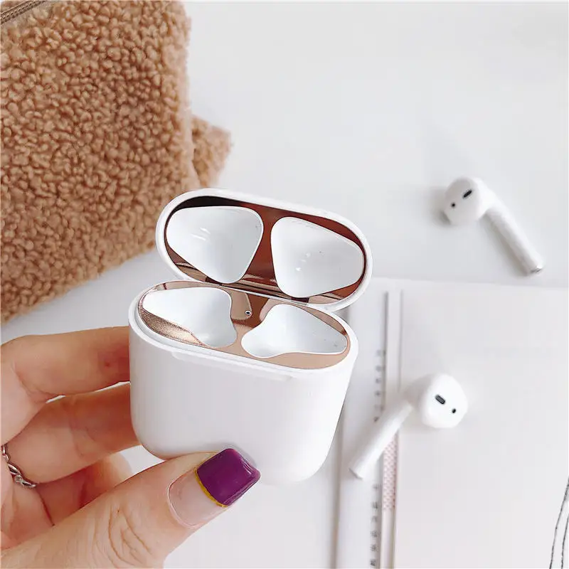Металлическая защита от пыли для AirPods 1 2 Чехол Аксессуар Защитная Наклейка защита кожи от железной металлической стружки 18K золото