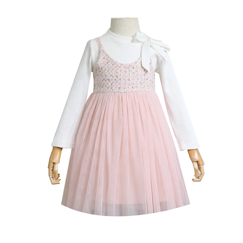 Костюм для девочек на весну 2019 модное твидовое платье с вышивкой стрейчевая