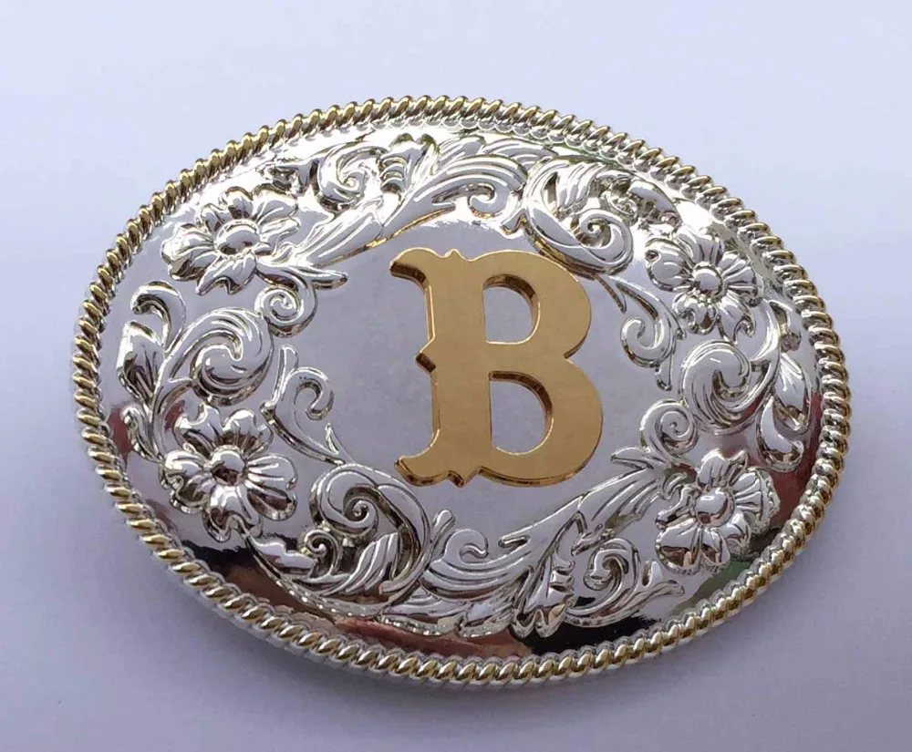 

High Quality Oval Lace Golden Initial Letter Belt Buckle Silver With Gold Fashion Man Jeans Accessories For 4cm Wideth Belt