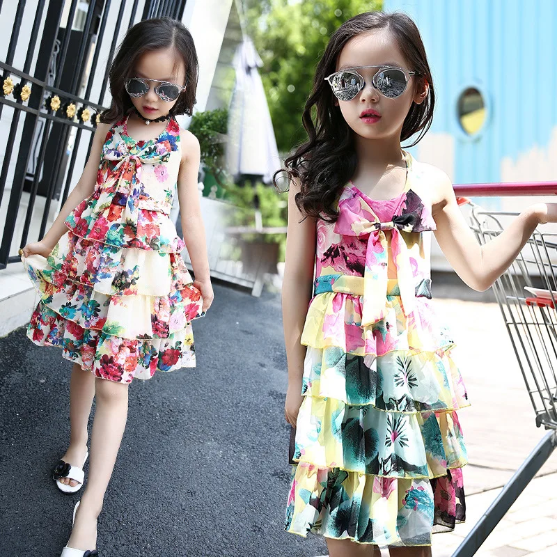 

Chiffon Layered Dress for Kids Girls Summer Dress 2019 Teenage Girls' Bohemian Beach Dress Flower Patterned Dress Girls Clothes