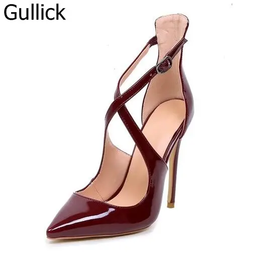 

Hot Selling Women Wine Red Black Patent Leather Pointed Toe Pumps Summer Fashion Crossed Buckle Strap High Thin Heel Shoes