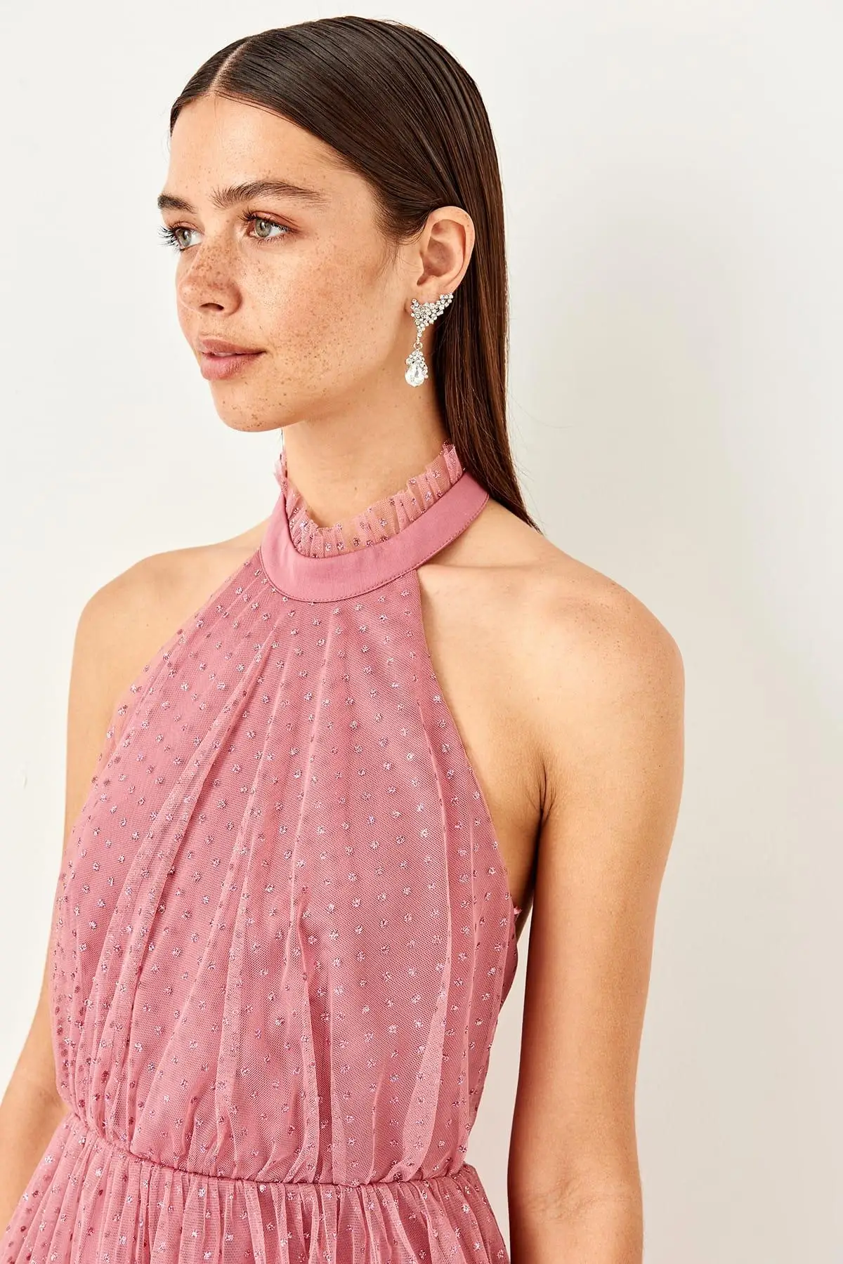 Trendyol цвет розовый серебристый тюль детальное платье TPRSS19UZ0097 | Женская одежда