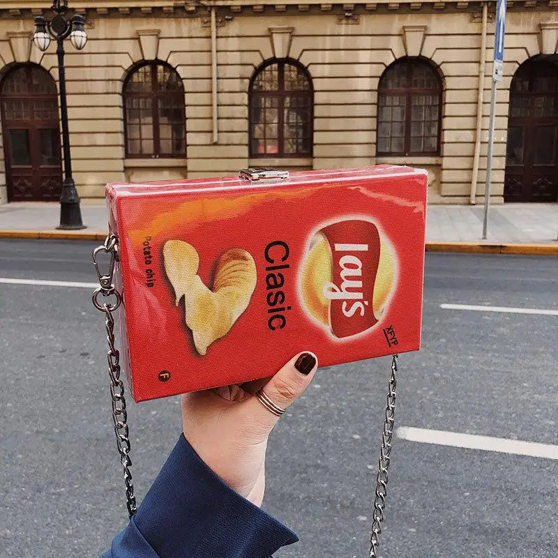 Забавная сумка на плечо для девушек, Сумка с принтом картофельных чипсов, Женская Повседневная сумка через плечо на цепочке, женская сумка-мессенджер с клапаном - Цвет: Красный