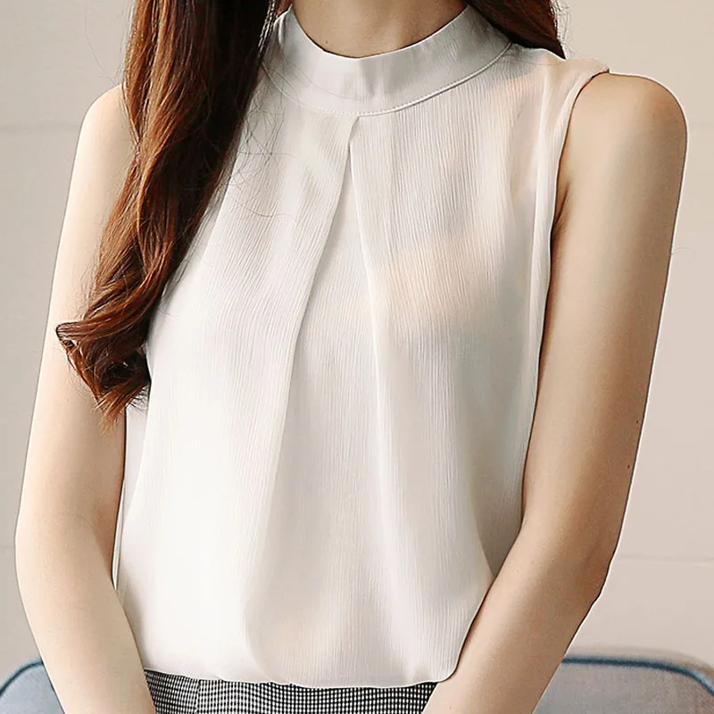 

2019 women shirts white shirt blouse Korean fashion clothing women clothing harajuku ladies tops Stand Solid Sleeveless 2963 50