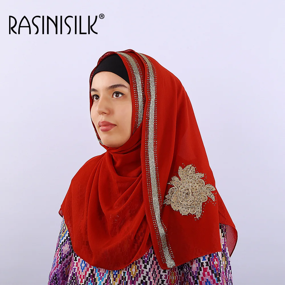 

Luxury Rhinestone Ornamental Hijabs Turban Women Plain Chiffon Silk Muslim Glitter Islamic Female Scarf Shawl Sequins Muffler