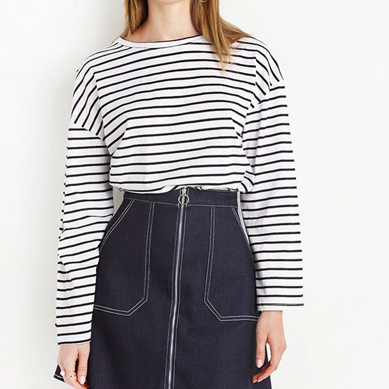 С длинными рукавами футболки Для женщин в полоску с круглым вырезом Футболки