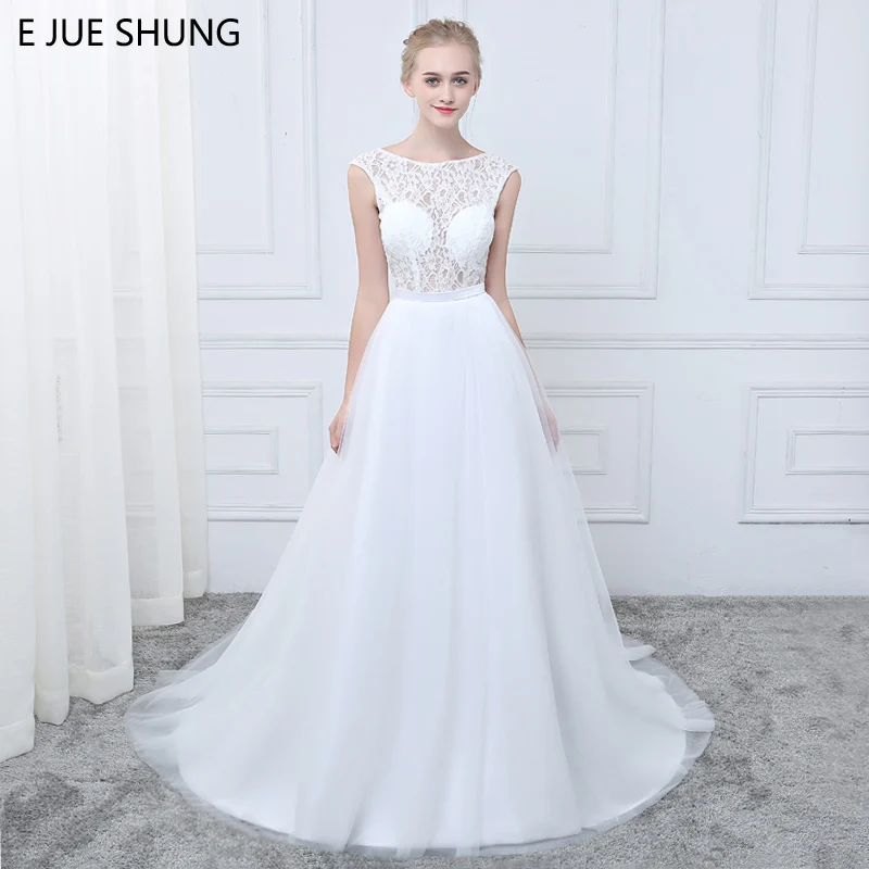 

E JUE SHUNG White Lace Wedding Dresses 2018 Backless Cap Sleeves Sheer Sash Beach Wedding Gowns robe de mariee vestidos de novia