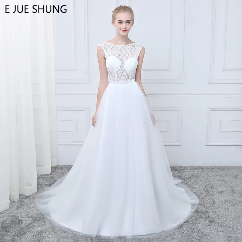 E JUE SHUNG White Lace Wedding Dresses 2018 Backless Cap Sleeves Sheer Sash Beach Gowns robe de mariee vestidos novia | Свадьбы и