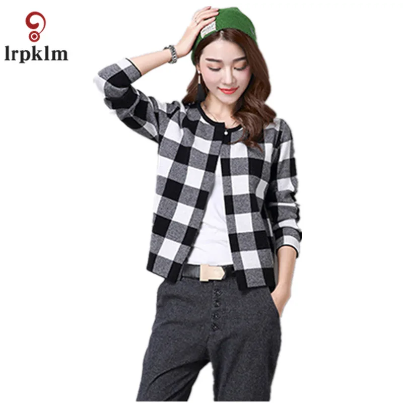 Женский свитер YY871 красный серый с узором в клетку круглым воротником |