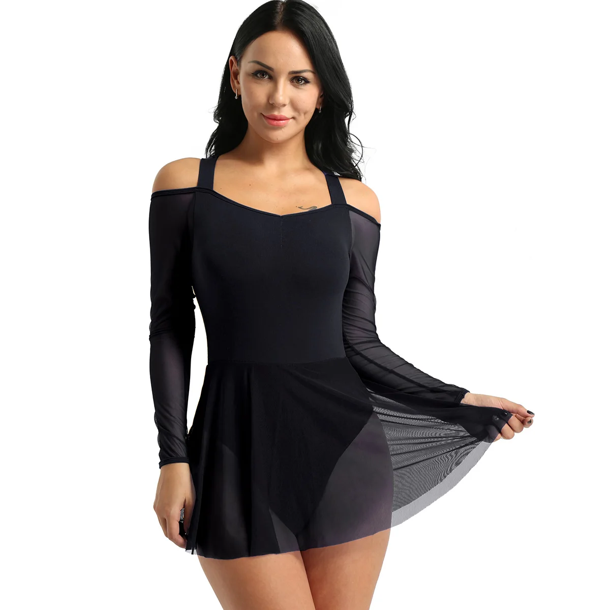 ChicTry Adult Long Sleeves Off The Shoulder Ballet Dress Women Gymnastics Leotards Stage Figure Skating Lyrical Dance Costumes