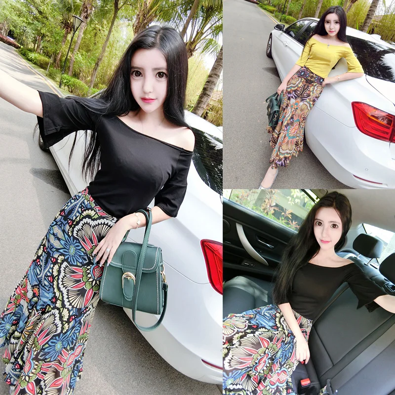 Лето темперамент росы плеча рукав сплит Футболка Нерегулярные печатных шифон