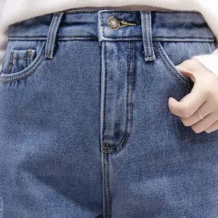 Женские джинсы с высокой талией утепленные вельветовые ковбойские стрейч зимние