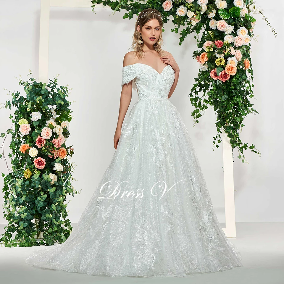 Dressv, цвета слоновой кости, элегантное бальное платье с открытыми плечами и аппликацией, свадебное платье, длина до пола, для невесты, для улицы и церкви, кружевные свадебные платья