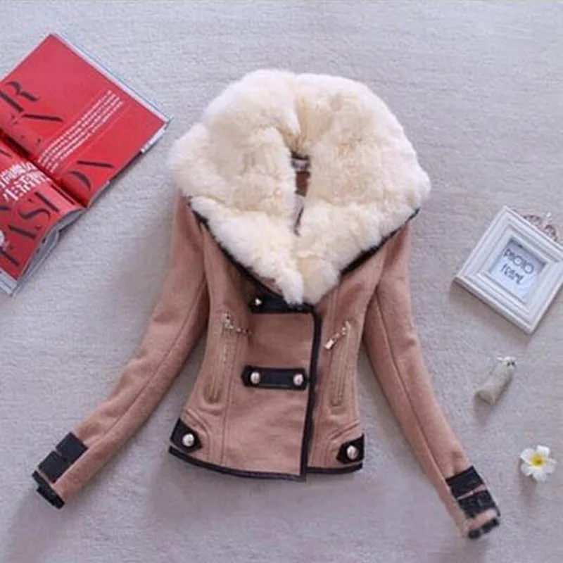 2020 Autumn Winter Jacket Women Short Faux Lamb Fur Collar Outerwear Casual Coat FS0328 | Женская одежда
