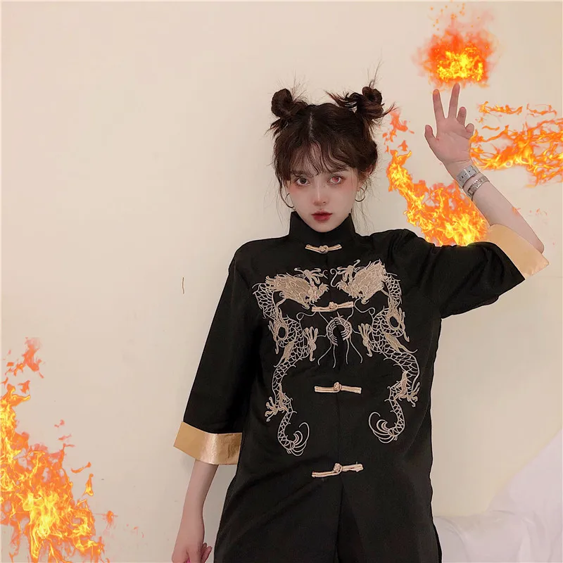 Vintage Women Blouse BLACK Embroidery Dragon Chinese Style Shirt Spring Summer Loose Tops Jacket Cosplay Hanfu Tang Clothes