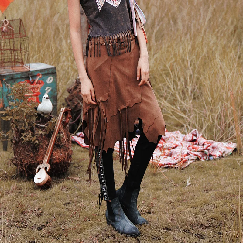 2019 осень народном стиле замшевые длинный участок нерегулярные бахромой юбка