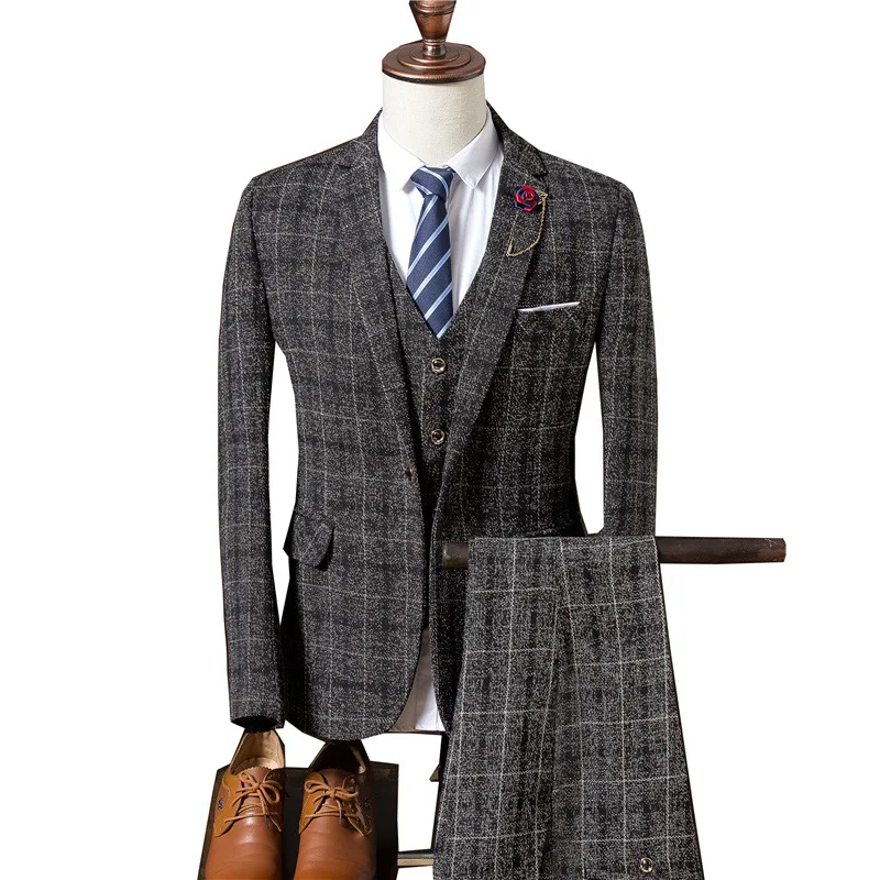 

YUSHU Autumn Men Business Formal Suits Male Blazers 3 Pieces Mens Slim Wedding Prom Suits Boutique Plaid Design Groom Tuxedos