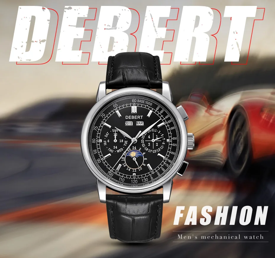 Debert42mm часы Moon Phase мужские автоматические механические наручные часы мужские s Relogio A Prova De Agua 316L часы из нержавеющей стали