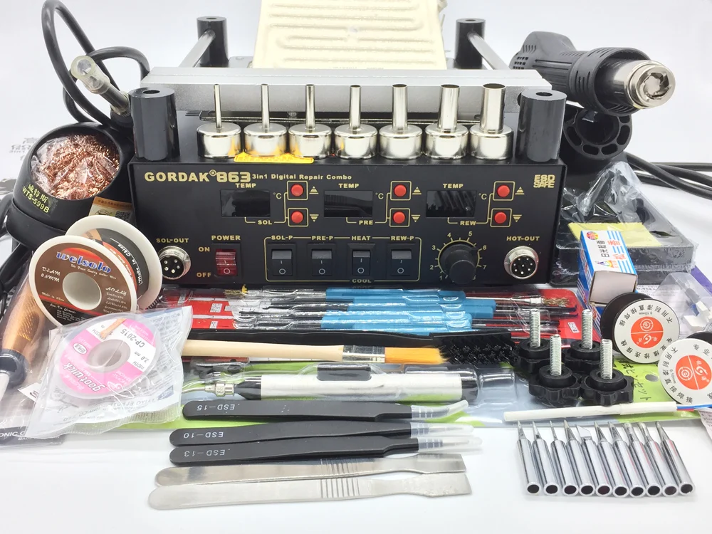 Gordak 863 3 в1 паяльная станция BGA Тепловая пушка паяльная станция+ Электрический паяльник+ ИК станция предварительного нагрева для BGA SMD ремонт