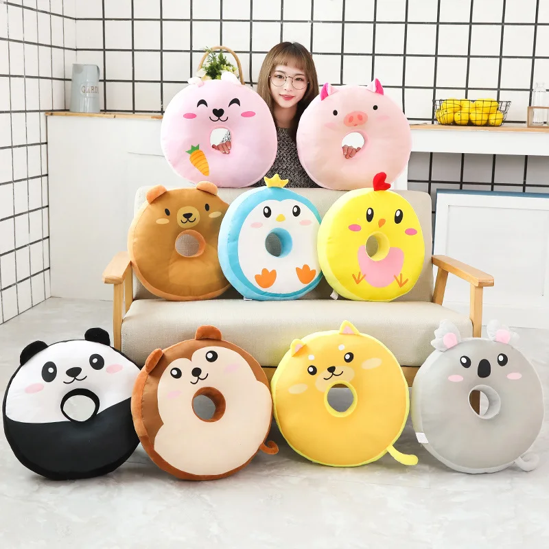

Cartoon Creative Animals Doughnut pillow cushion plush toy Panda Chicken Penguin Round cushion gift
