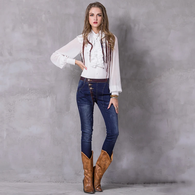 Для женщин джинсы 2017 Yuzi. Может Boho новые джинсовые шаровары цветочный Emroidery Винтаж