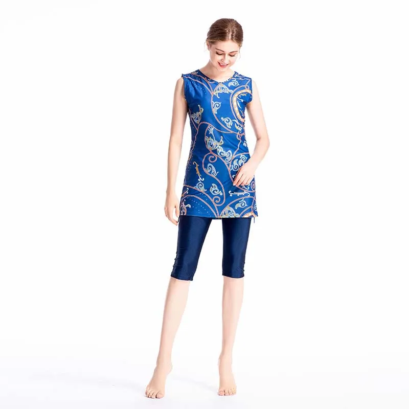 Blue BAILUNMA Мусульманский купальник для женщин новейший Burkinis Мусульманский купальник для мусульман 3 шт. купальник пляжная одежда сплошной цвет жилет купальник M082 - Цвет: Blue