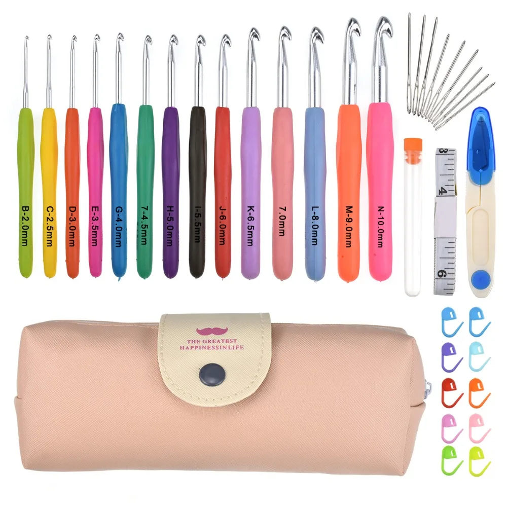 

Crochet Hooks Set 14PCS 2mm(B)-10mm(N) Extra Long Ergonomic Soft Grip Handle Knitting Needles Kit Sewing Accessories with Case