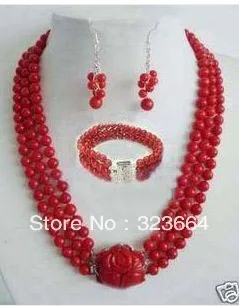 3 ряда 6 мм красные морские кораллы ожерелье серьги браслет|necklace earring|necklace bangleearrings