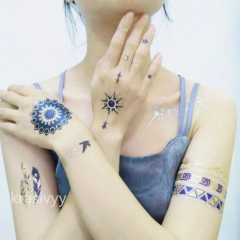 

Temporary golden silver tattoos stickers blue mandala tattoos body art flash tattoo paste makeup girls waterproof fake tattoos
