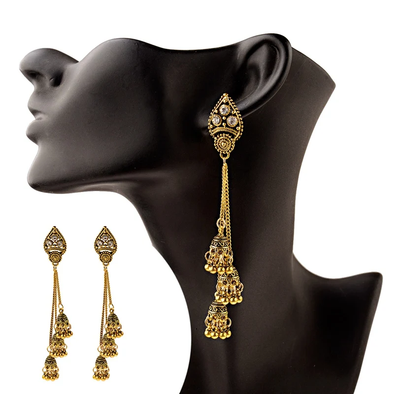 OIQUEI женские золотые металлические длинные индийские серьги Jhumka с кисточками, богемные этнические большие серьги-колокольчики, женские египетские цыганские украшения